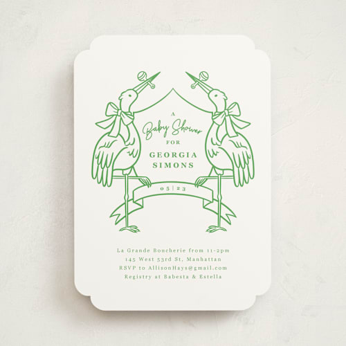 This is a lawn baby shower invitations with standard by mo kelley called stork crest printing on signature in standard