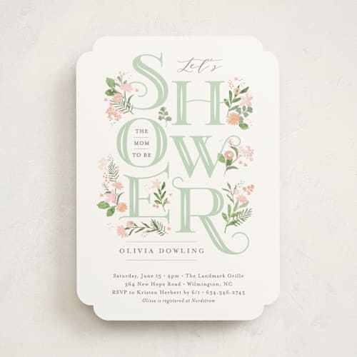 This is a sage baby shower invitations with standard by Jennifer Wick called cascading shower printing on signature in standard