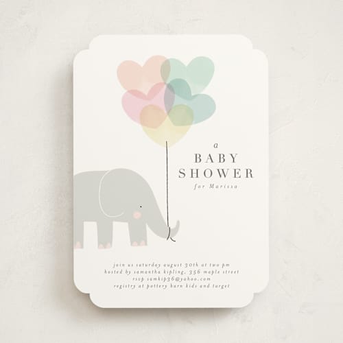 This is a peony baby shower invitations with standard by Lori Wemple called elephant printing on signature in standard