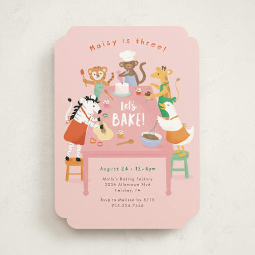 This is a berry kids birthday invitations with standard by Jennifer Wick called let's bake! printing on signature in standard
