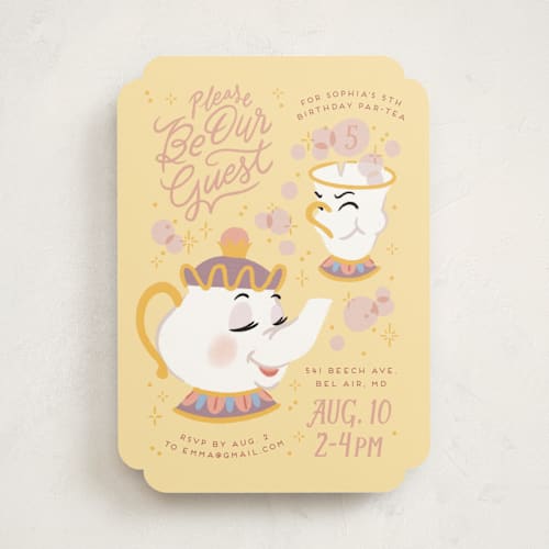 This is a lemonade kids birthday invitations with standard by Rebecca Smith called disney enchanted beauty and the beast tea party printing on signature in standard