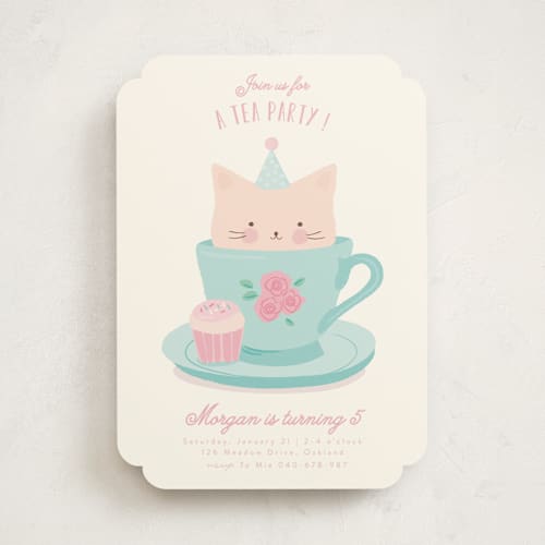This is a robin's egg kids birthday invitations with standard by Angela Thompson called teacup kitten printing on signature in standard