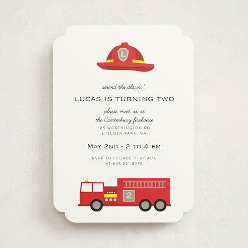 This is a firetruck kids birthday invitations with standard by Julee London called firehouse printing on signature in standard