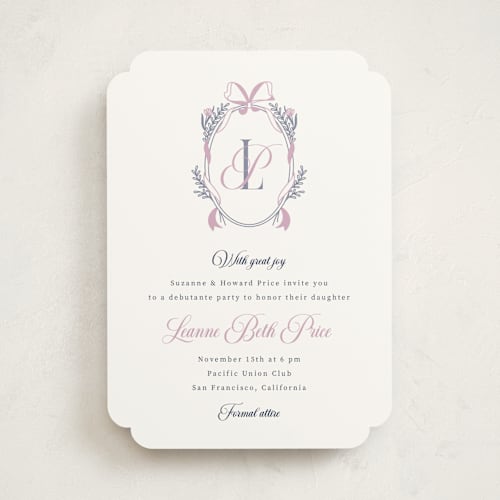 This is a lavender debutante party invitations with standard by letterfix called monogram crest printing on signature in standard