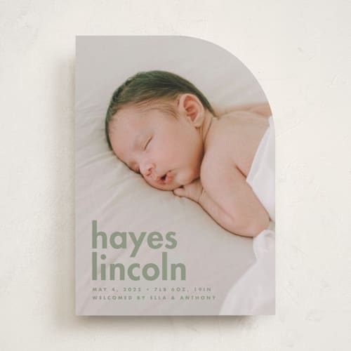 This is a sage birth announcements with standard by Ellen Schlegelmilch called hayes printing on recycled smooth signature in standard