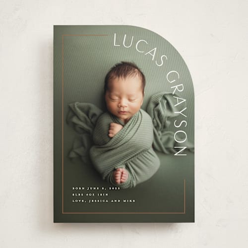 This is a copper birth announcements with standard by Lauren Chism called take shape printing on recycled smooth signature in standard