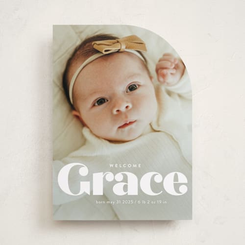 This is a pearl birth announcements with standard by Lori Wemple called name printing on smooth signature in standard