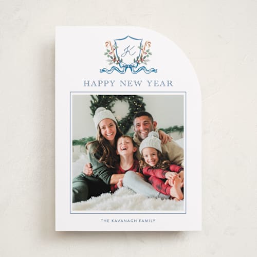 This is a blue spruce photo christmas cards with standard by Cass Loh called family crest printing on recycled smooth signature in standard