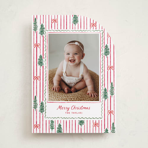 This is a stocking photo christmas cards with standard by Creo Study called trees and bows printing on recycled smooth signature in standard
