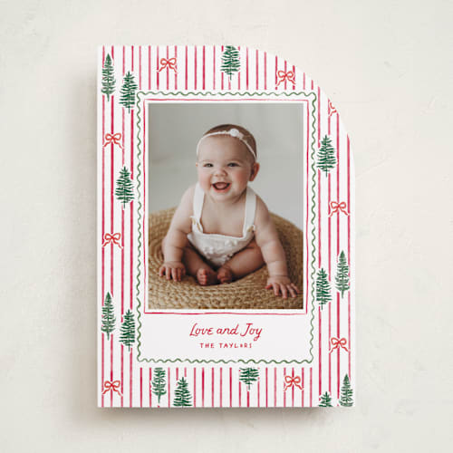 This is a stocking photo christmas cards with standard by Creo Study called trees and bows printing on recycled smooth signature in standard