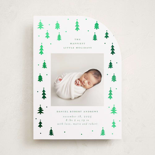 This is a icicle babys first christmas with foil pressed by Jennifer Holbrook called merry little trees printing on recycled smooth signature in standard