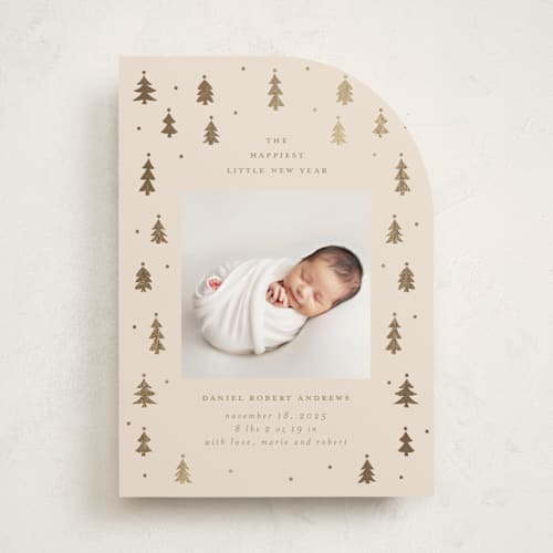 This is a candlelight babys first christmas with foil pressed by Jennifer Holbrook called merry little trees printing on recycled smooth signature in standard