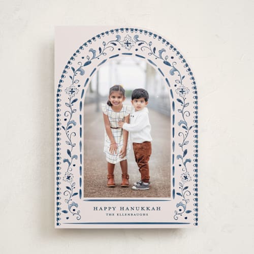This is a navy hanukkah cards with standard by Meagan Christensen called talavera printing on recycled smooth signature in standard