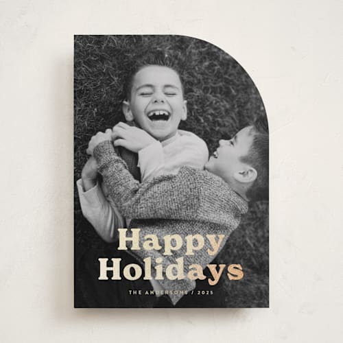 This is a eggnog foil pressed holiday cards with foil pressed by Katherine Moynagh called bold modern printing on recycled smooth signature in standard