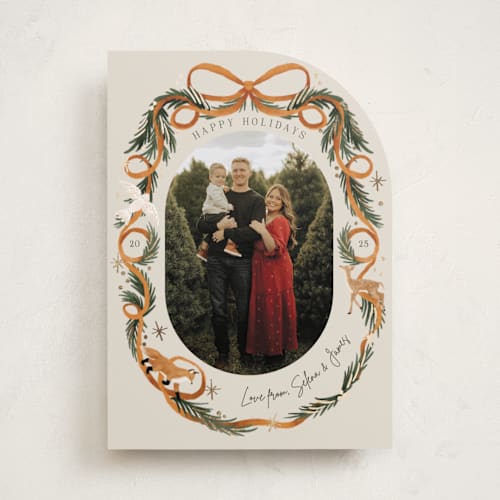 This is a cinnamon foil pressed holiday cards with foil pressed by Elly called winter ribbon printing on recycled smooth signature in standard