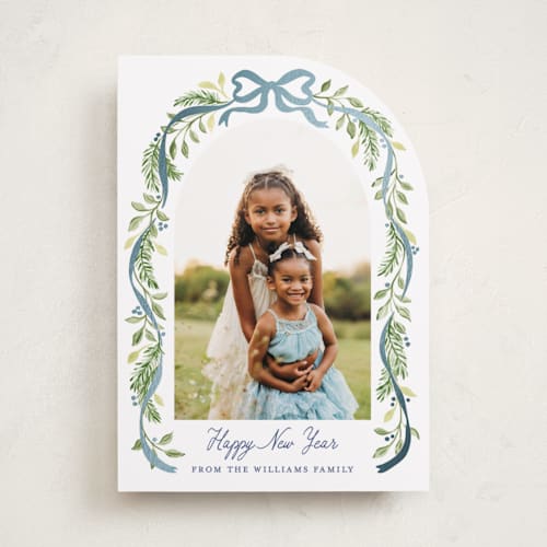 This is a moonlight foil pressed holiday cards with foil pressed by Sarah Knight called ribbon arch printing on recycled smooth signature in standard