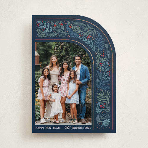 This is a sapphire foil pressed holiday cards with foil pressed by Elly called arch wreath printing on recycled smooth signature in standard