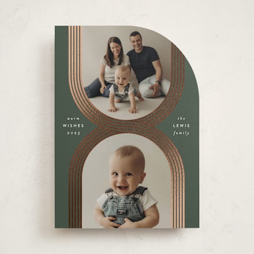 This is a juniper foil pressed holiday cards with foil pressed by Leah Bisch called criss cross printing on recycled smooth signature in standard