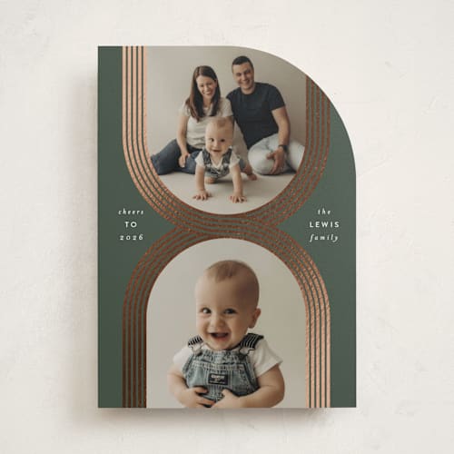 This is a juniper foil pressed holiday cards with foil pressed by Leah Bisch called criss cross printing on recycled smooth signature in standard