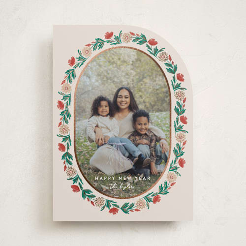 This is a eggnog foil pressed holiday cards with foil pressed by Amy Kross called laurel edge printing on recycled smooth signature in standard