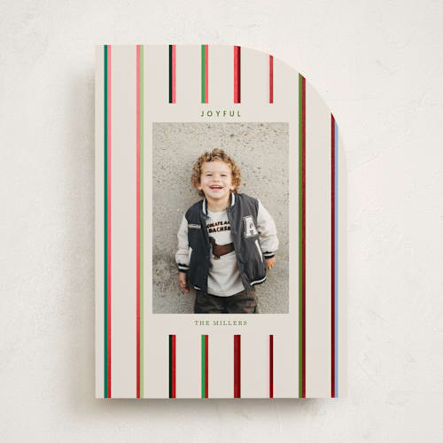 This is a champagne foil pressed holiday cards with foil pressed by Baumbirdy called colorful stripes printing on recycled smooth signature in standard