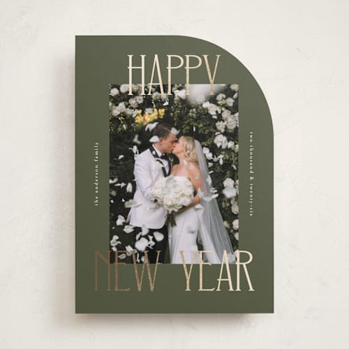 This is a juniper foil pressed holiday cards with foil pressed by Kelly Watkins called maeve printing on recycled smooth signature in standard