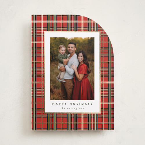 This is a bright berry foil pressed holiday cards with foil pressed by Kristie Kern called plaid shimmer printing on recycled smooth signature in standard