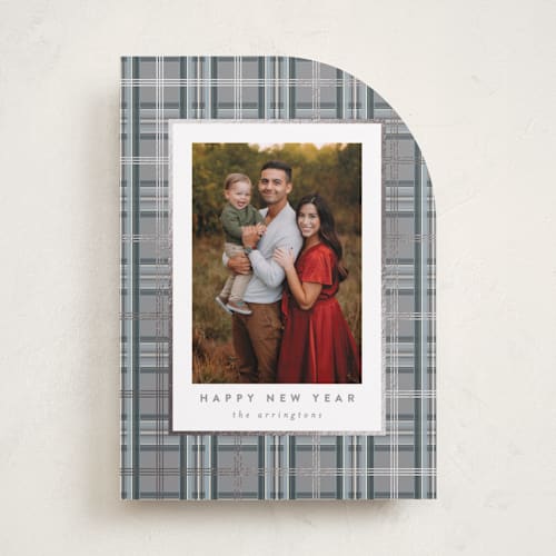 This is a frost foil pressed holiday cards with foil pressed by Kristie Kern called plaid shimmer printing on recycled smooth signature in standard