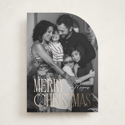 This is a halo foil pressed holiday cards with foil pressed by Kacey Kendrick Wagner called merry embrace printing on recycled smooth signature in standard