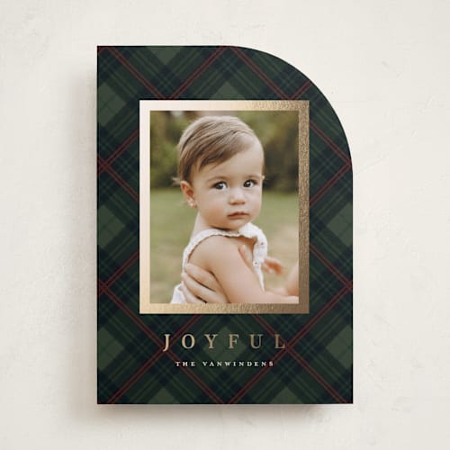 This is a pine foil pressed holiday cards with foil pressed by Olivia Kanaley Inman called balmoral green printing on recycled smooth signature in standard