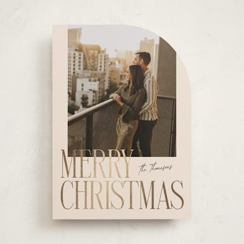 This is a eggnog foil pressed holiday cards with foil pressed by Ekko Studio called merry stack printing on recycled smooth signature in standard
