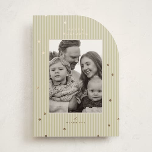 This is a olive foil pressed holiday cards with foil pressed by Ellen Schlegelmilch called tiny polka dots printing on recycled smooth signature in standard