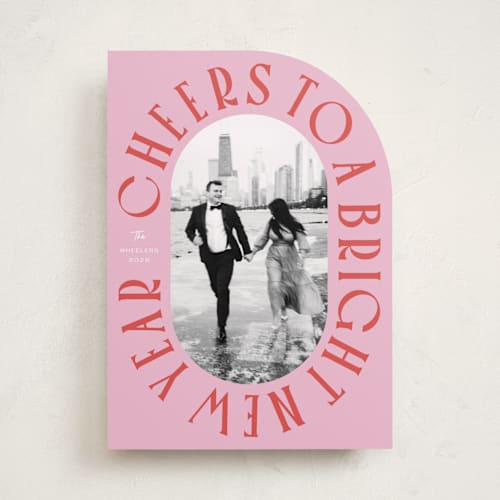 This is a peppermint new year photo cards with standard by Erin German called cheers to a bright new year printing on recycled smooth signature in standard