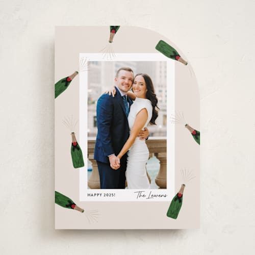 This is a eggnog new year photo cards with standard by Shari Margolin called popping bottles printing on recycled smooth signature in standard