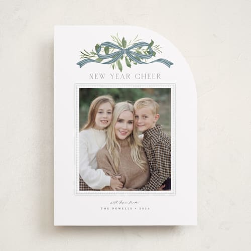 This is a blue jay new year photo cards with standard by Everett Paper Goods called greenery swag printing on recycled smooth signature in standard