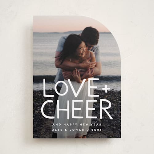This is a snowflake new year photo cards with standard by Snow and Ivy called love & cheer printing on recycled smooth signature in standard