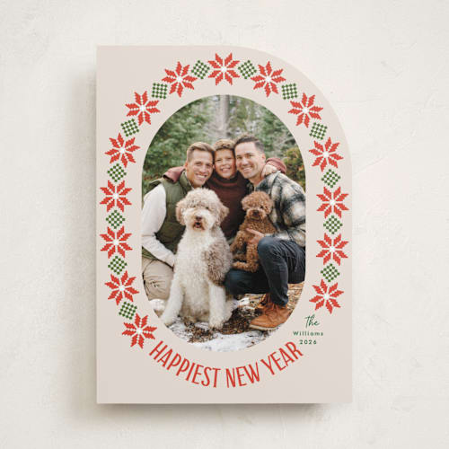 This is a linen holiday photo cards with standard by Karidy Walker called cozy knit christmas printing on recycled smooth signature in standard