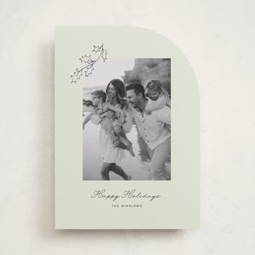 This is a lime holiday photo cards with standard by Angela Garrick called hung holly printing on recycled smooth signature in standard