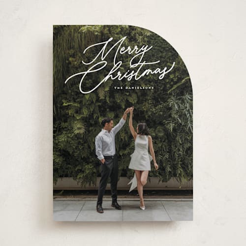 This is a snowfall holiday photo cards with standard by Melanie Kosuge called merry monoline printing on recycled smooth signature in standard