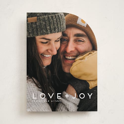 This is a snow holiday photo cards with standard by Kate Ross called love joy printing on recycled smooth signature in standard