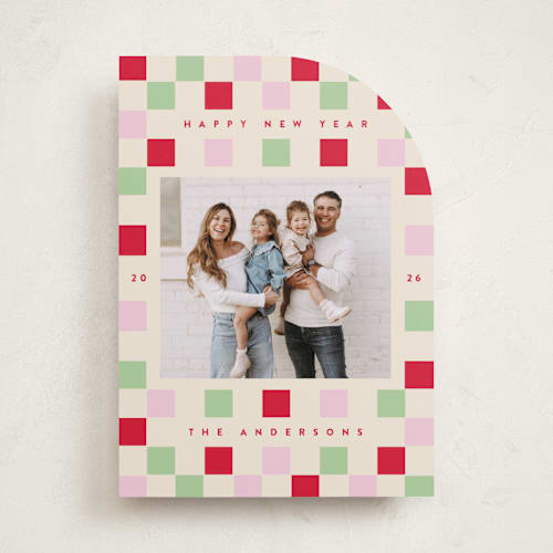 This is a cranberry holiday photo cards with standard by Katie Zimpel called happy checkers printing on recycled smooth signature in standard
