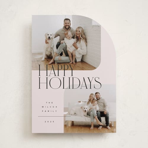 This is a linen holiday photo cards with standard by Kelly Schmidt called happy overlay printing on recycled smooth signature in standard