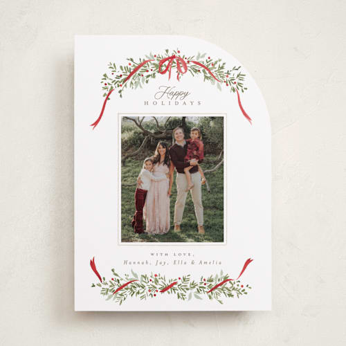 This is a holly holiday photo cards with standard by Everett Paper Goods called boughs of pine printing on recycled smooth signature in standard
