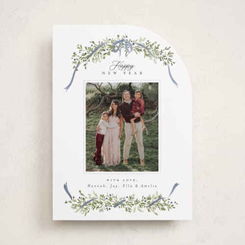 This is a blue spruce holiday photo cards with standard by Everett Paper Goods called boughs of pine printing on recycled smooth signature in standard