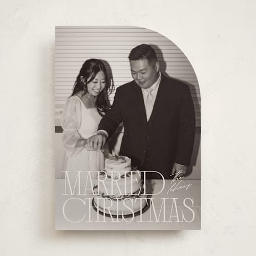 This is a champagne holiday photo cards with standard by Ellen Schlegelmilch called serif married christmas printing on recycled smooth signature in standard