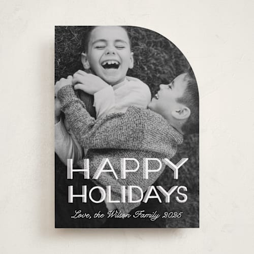 This is a snow holiday photo cards with standard by Becky Nimoy called happy holidays retro lettering printing on recycled smooth signature in standard