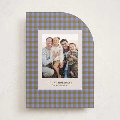 This is a blueberry holiday photo cards with standard by Beth Vassalo called cozy gingham printing on recycled smooth signature in standard
