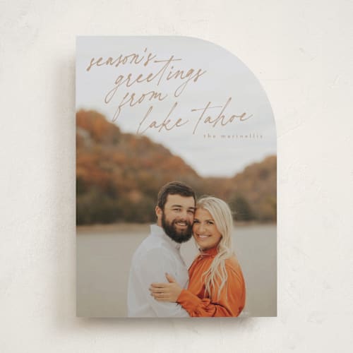 This is a caramel holiday photo cards with standard by Tamara Hilje called mementos printing on recycled smooth signature in standard