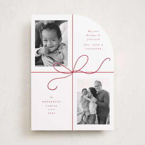 This is a peppermint holiday photo cards with standard by Emily Betts called bow two printing on recycled smooth signature in standard