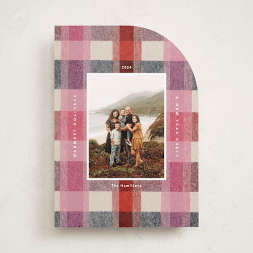 This is a cranberry holiday photo cards with standard by Carrie Moradi called cozy checked plaid printing on recycled smooth signature in standard